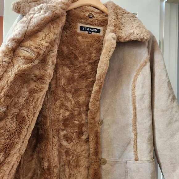 Steve Madden Vintage Y2k Genuine Leather Faux Shearling Long Coat Penny Lane - Picture 4 of 16